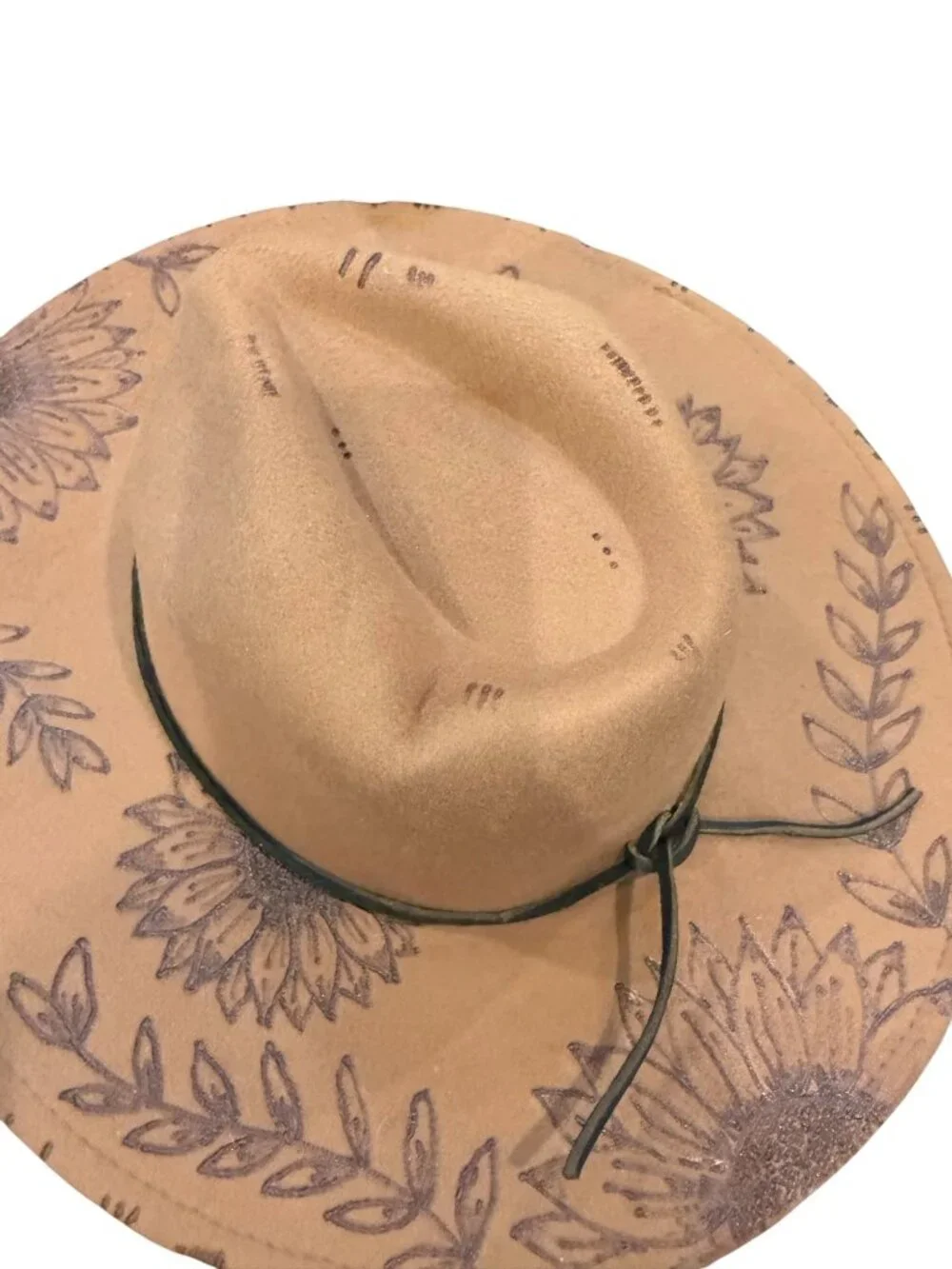 Hand Burned Sunflower Tan Wide-Brim Fedora Hat With Black Faux Leather Band EUC